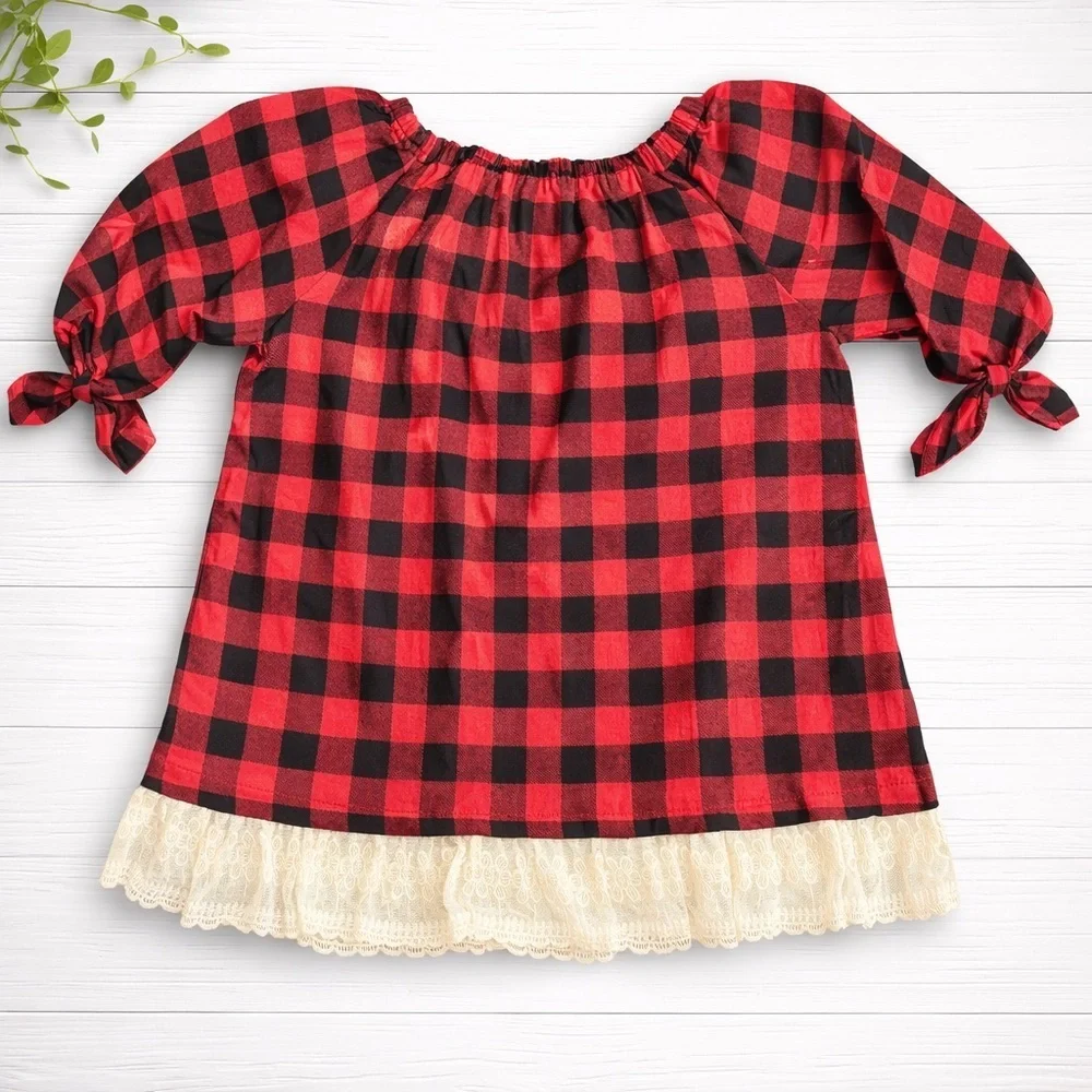 GoodLad- Black Plaid Dress with Lace Hem